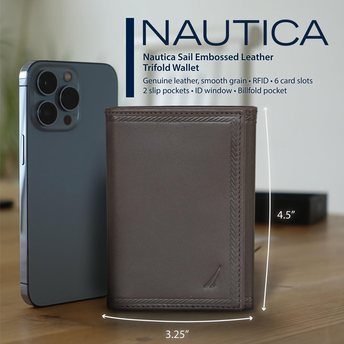 Nautica Mens Classic Sail Trifold Wallet | RFID Blocking Protection | ID Window | 6 Card Slots | 2 Slip Pockets | Genuine Leather | Organization | Durable | Stylish - Black