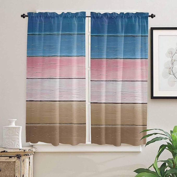 Blue Pink Brown Gradient Wood Grain Window Valance Curtains, Vintage Wood Board
