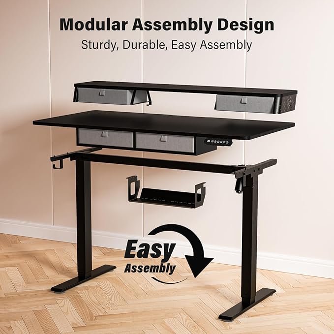 Electric Standing Desk with 4 Drawers 40''x 24'' Small Adjustable Height Sit to Stand Up Desk with Storage Shelf, C-Clamp Mount Compatible Black Home Office Desks Computer Desk Ergonomic Workstation