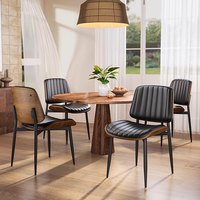 Dining Chairs Set of 2, FSC Certified Mid Century Modern Dining Room Kitchen Chairs, Upholstered PU Leather Vertical Stripe Chairs for Vanity with Walnut Bentwood and Metal Legs, Black