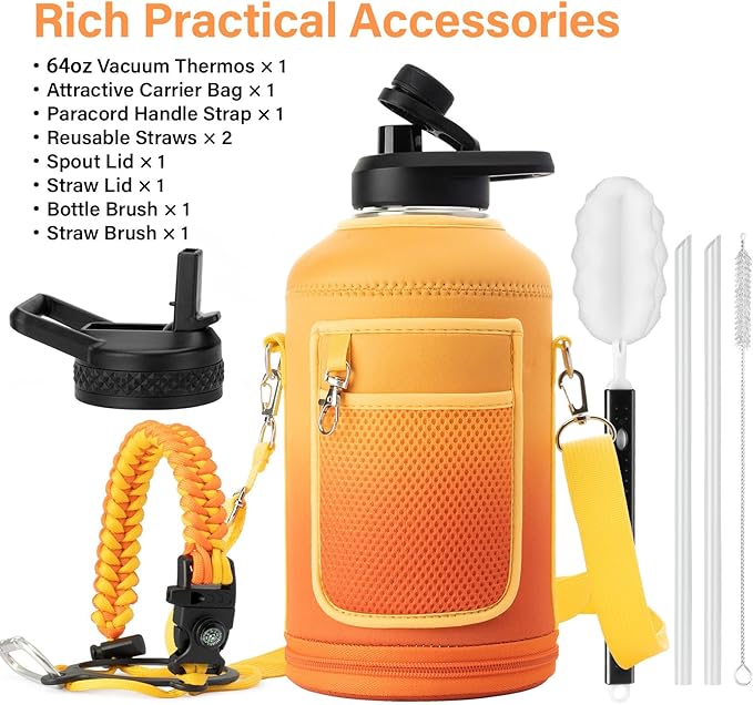 Insulated Water Bottle | Thickened Stainless Steel Vacuum Metal | Portable Sports Half Gallon Large Water Jug for Gym and Hiking with Straw, Carrier Bag, Handle Strap | BPA-Free 64 oz