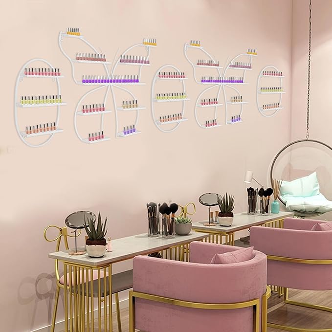 Nail Polish Rack, 5PCS Butterfly-shaped Nail Polish Storage Rack Wall-mounted Metal Essential Oil Display Organizer Stand Holder for Home Spa Nail Salon Shop (White)