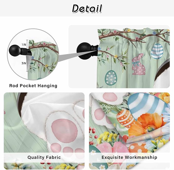 Easter Kitchen Tier Curtains 36 Inch Long 2 Panel Set, Rod Pocket Half Window
