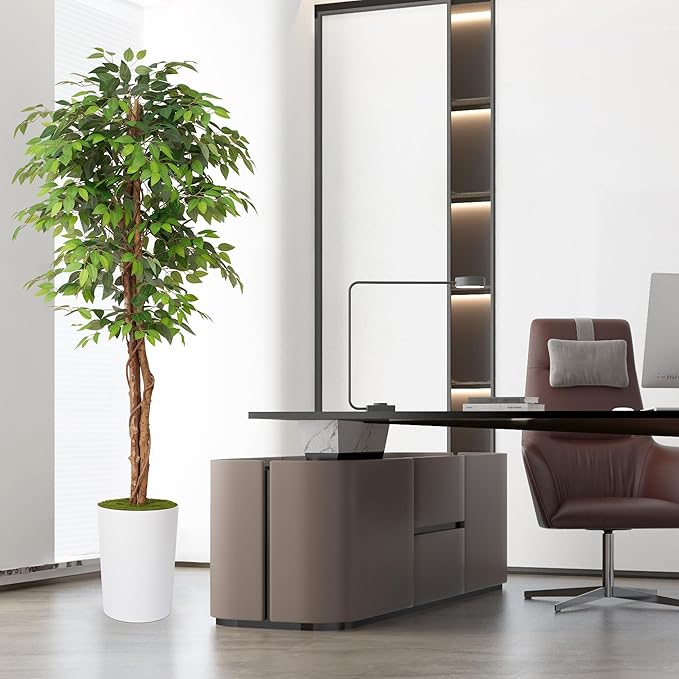7Ft Artificial Ficus Tree in Large Tall Planter - Faux Indoor Plant with Realistic Wood Trunk - Large Tall Fake Plant for Home, Office, Living Room, Patio Decoration