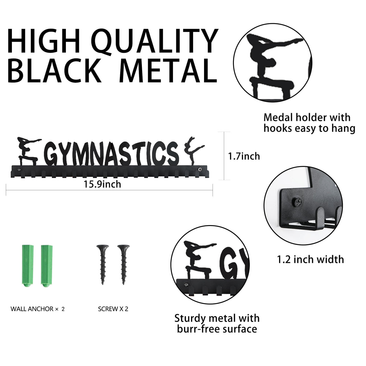Goutoports Medal Wall Hanger Display - Gymnastics Girls - Award Plaques Rack for Sports - Black Steel Metal Holder With 20 Hooks Hold Up 60 Medals Easy to Install