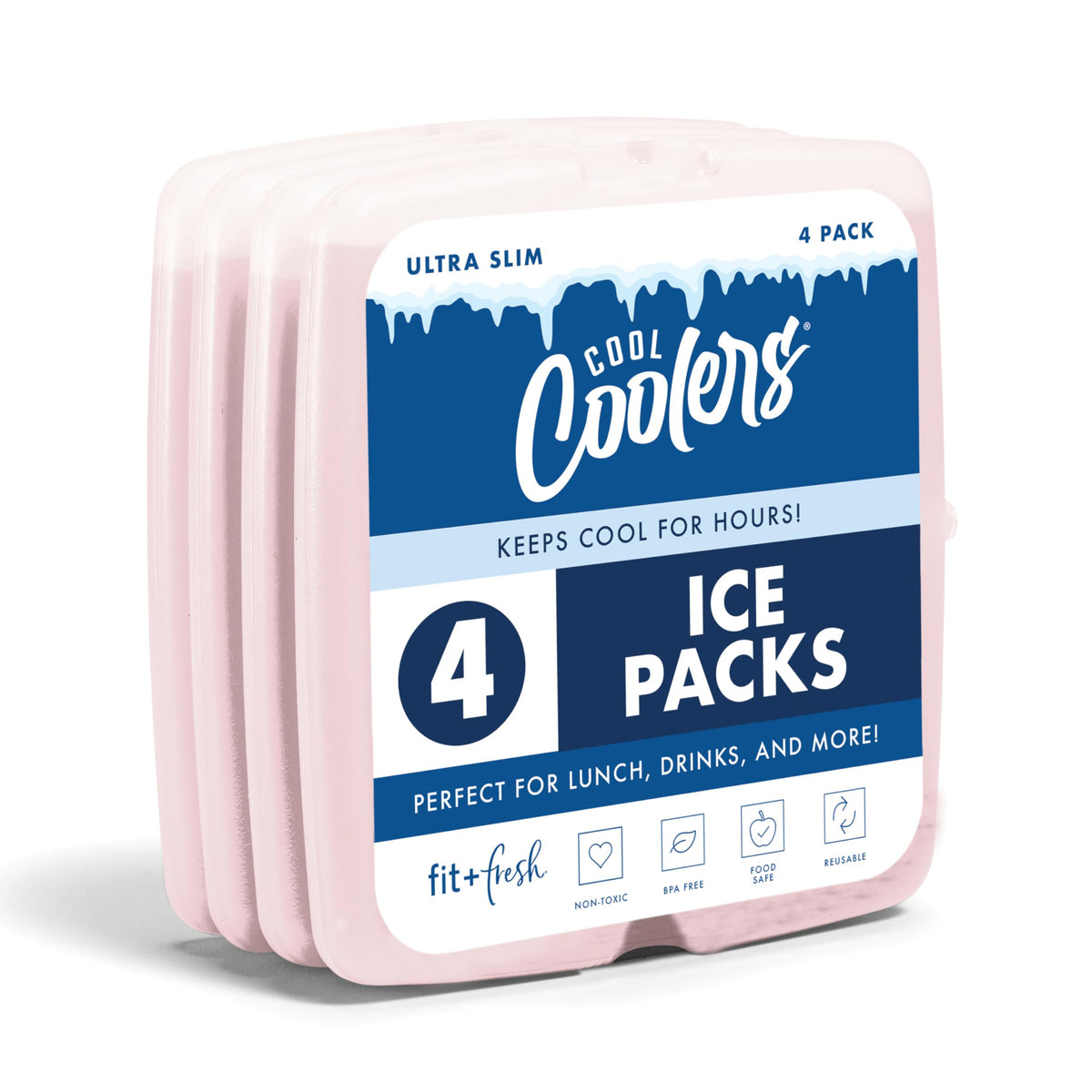 Cool Coolers by Fit & Fresh Slim Ice Packs, Quick Freeze Reusable Ice Packs for Lunch Boxes & Coolers, Long-Lasting, Space Saving Lunch Ice Packs, Light Pink, 4Pk