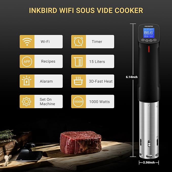 INKBIRD WIFI Sous Vide Cooker Bundle with 30 Sous Vide Bags and Pump,1000 Watts Sous Vide Starter Kits, Recipes on APP,1000W Sous-Vide Machine for Steak and Sous Vide Bags Package