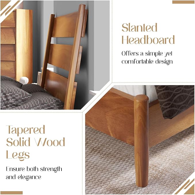 VanAcc Solid Wood King Bed Frame, Platform Bed with Reclining Slatted Headboard, Mid Century Bed with Wood Slat Support, Light Brown