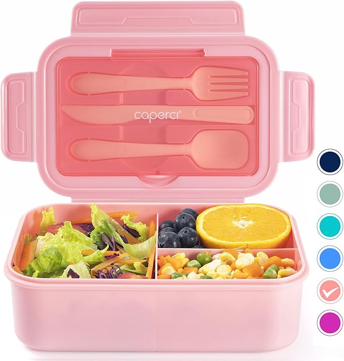 Caperci Classic Bento Box Adult Lunch Box for Older Kids - Leakpoof 47 oz 3-Compartment Lunch Containers for Adults and Teens, Built-in Utensil Set, Ideal for On-the-Go Balanced Eating, Pink