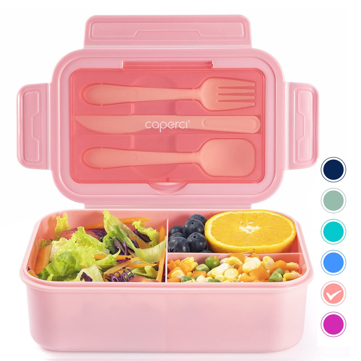 Caperci Classic Bento Lunch Box for Kids & Adults - Leakpoof 47oz Food Lunch Containers for Girls Women, 3-Compartment, Built-in Utensil Set, BPA-Free, Dishwasher/Microwave Safe (Vivid Orchid)