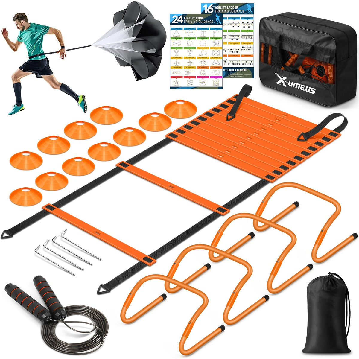X-UMEUS Agility Ladder Speed Training Equipment Set-20ft Agility Ladder,12 Soccer Cones,4 Hurdles, Jump Rope, Running Parachute| Basketball Football Soccer Training Equipment for Kids Youth Adults