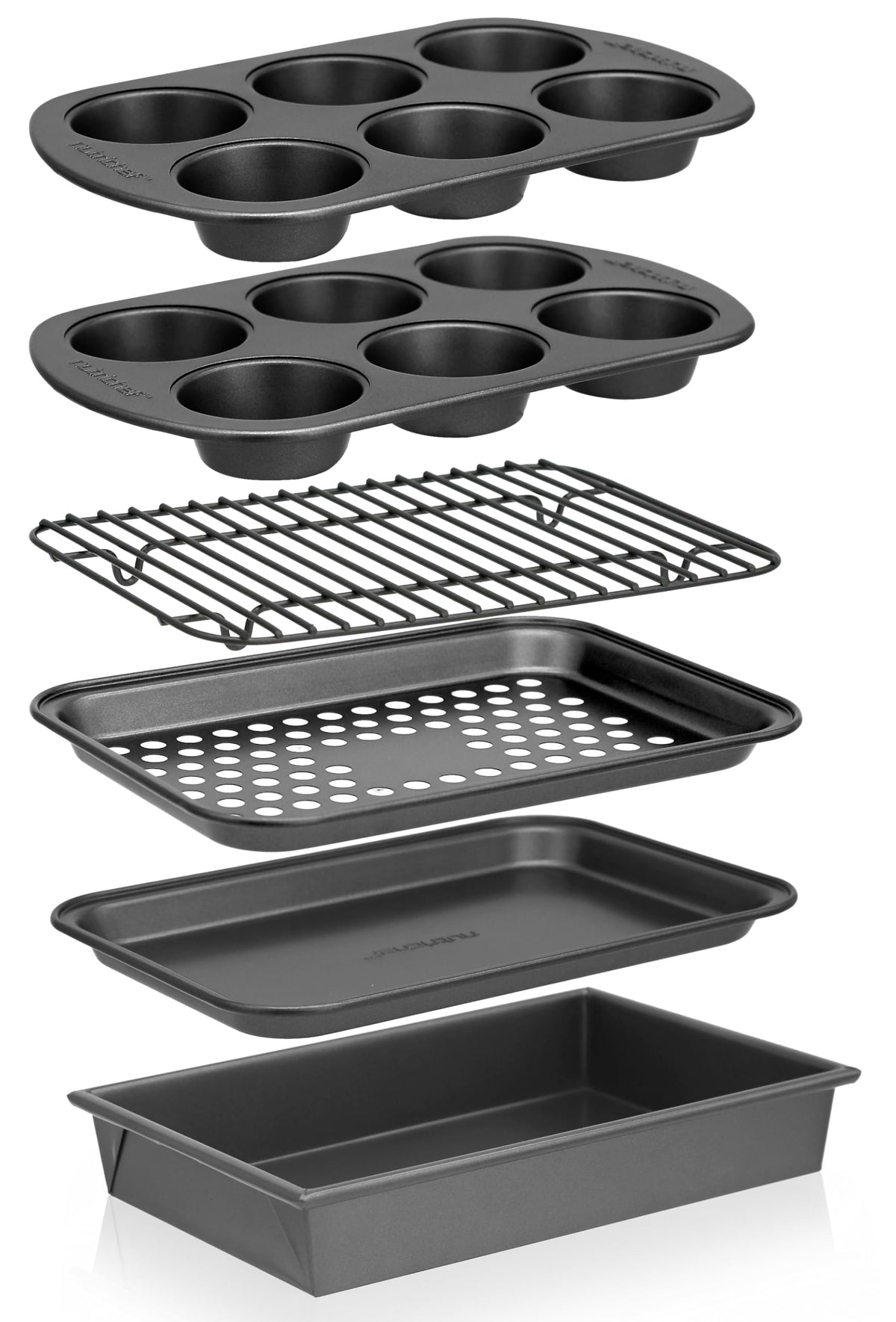 NutriChef 6-Piece Toaster Oven Bakeware Set, Compact Non-Stick Stackable Baking Pan Set with Muffin Pans, Roasting Tray & Baking Sheets, Durable Stain-Resistant Carbon Steel Design for Toaster Ovens