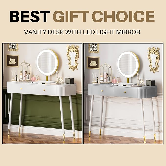 WinZo 40" Vanity Desk with Mirror and Lights, Small Makeup Vanity Table with 2 Storage Drawers and Charging Station, 3 Color Touch Screen Stylish Dressing Table for Small Spaces & Bedroom, White