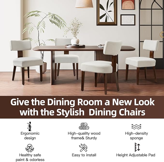 Dining Chairs Set of 6, Fabric Upholstered Wood Kitchen Chairs, Armless Linen Curved Backrest Accent Chair Farmhouse Modern Dining Chairs with Foot Pad for Kitchen/Living Room/Restaurant/Cafe-Beige