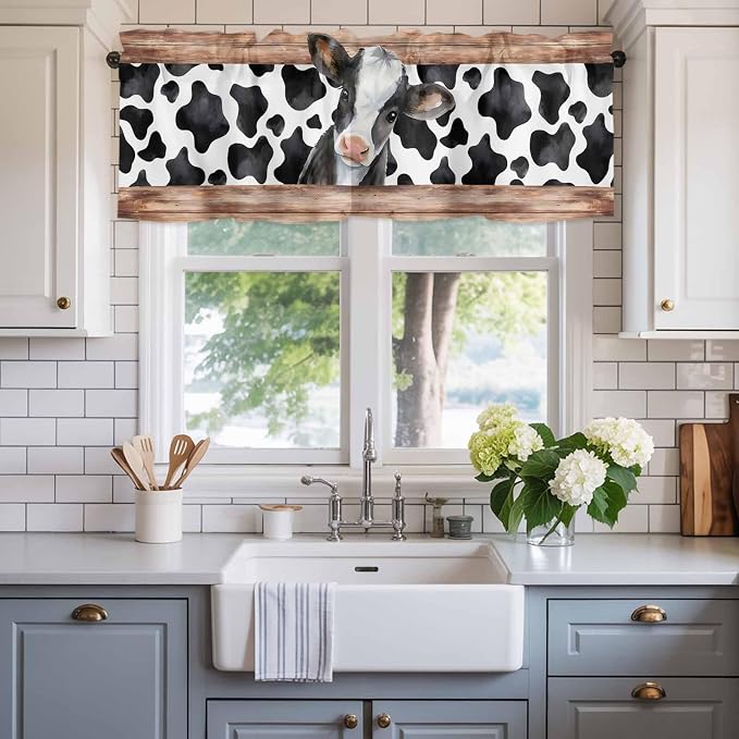 Cow Printed Curtain Valances for Windows, Kitchen Valance Window Treatment