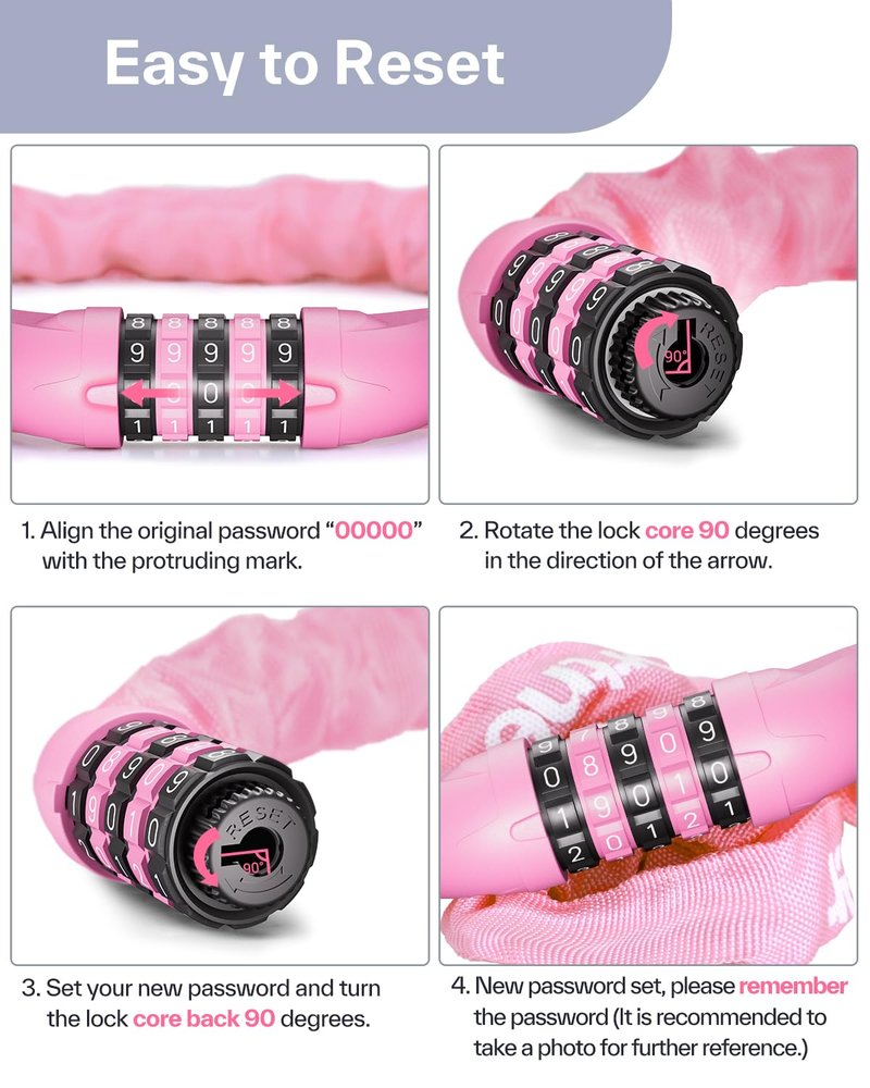 Sportneer Bike Lock: 5 Digit Combination High Security Anti Theft Bike Chain Lock - 3.2/3.6/4ft Heavy Duty Resettable Keyless Bicycle Lock for Bike, Motorcycle, Scooter, Door - 6mm Thick Pink