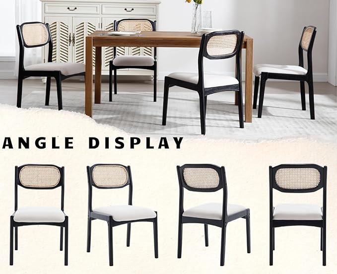 EALSON Mid Century Modern Rattan Dining Chairs Set of 4 Upholstered Linen Dining Room Chairs with Cane Back Farmhouse Kitchen Chairs Comfy Side Chairs with Black Wood Frame,Beige