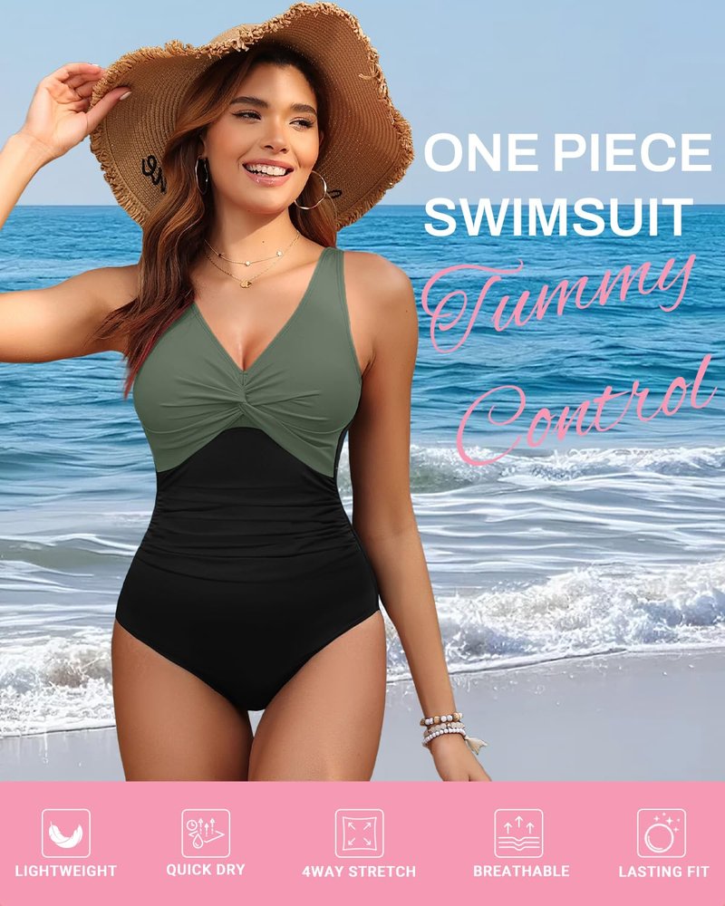 Holipick Green and Black Women Tummy Control One Piece Swimsuit - Push Up Bathing Suit Full Coverage Slimming Swimwear M