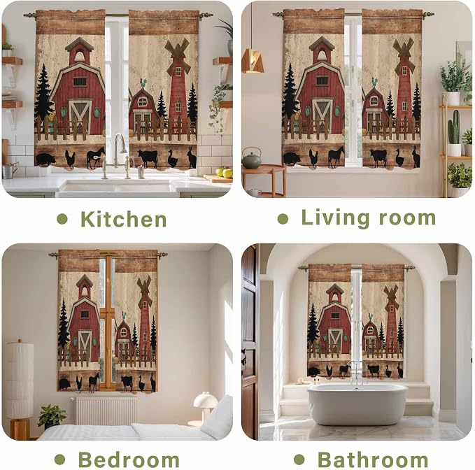 Brown Farmhouse Kitchen Curtains, Vintage Country Animals Wooden Grain Light