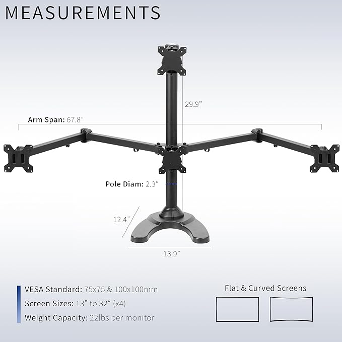 VIVO Quad Monitor 13 to 32 inch LED LCD Freestanding Desk Stand, 3 Plus 1 Articulating VESA Computer Mount, Holds 4 Screens, Fully Adjustable for Home Office Workstation, Black, STAND-V104F