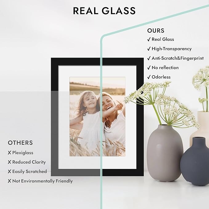 11x14 Picture Frame with Real Glass - 8x10 Wooden Frame with Mat, Horizontal and Vertical Display for Wall or Tabletop (Black, 1 Pack)