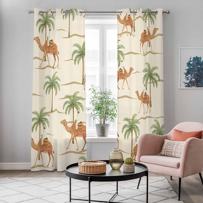 2 Panel Kitchen Cafe Curtains, Date Coconut Tree Sunlight Filtering Nature Air