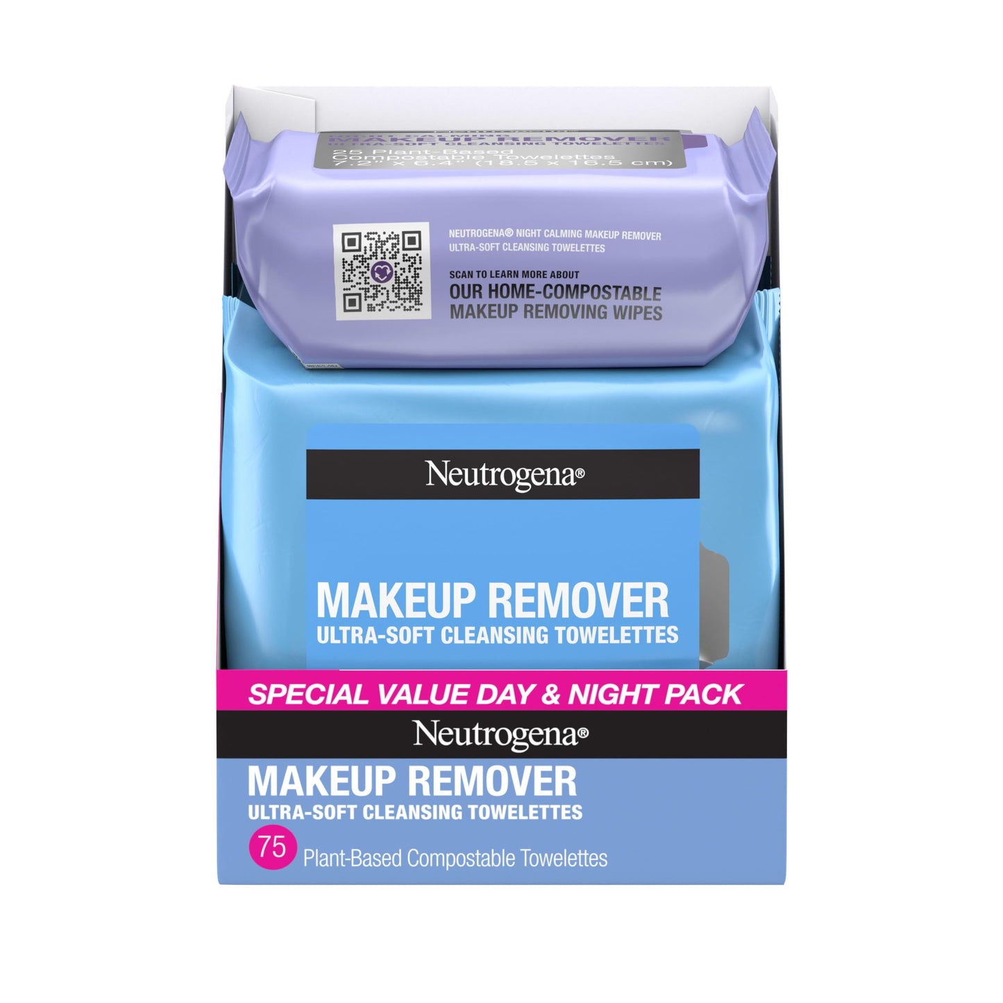 Neutrogena Day & Night Facial Cleansing Wipes, Makeup Remover Face Cleansing Towelettes & Night Calming Facial Cloths, 100% Plant Based Fibers Wipe Away Dirt & Oil, (3 Packs of 25)