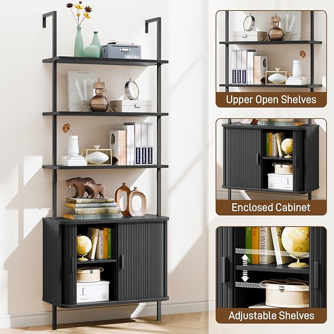 72" Tall Fluted Bookshelf, 4-Tier Open Display Ladder Shelf with Sliding Tambour Doors, Modern Wall Mounted Bookcase Cabinet with Metal Frame for Living Room, Bedroom, Home Office, Black