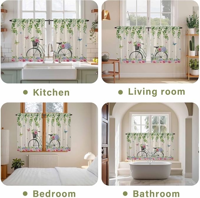 Farmhouse Spring Tier Curtains, Retro Bicycles Flowers Vines Butterfly Light