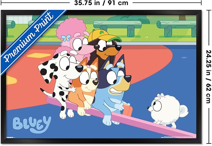 Bluey (2018) - Bluey and Friends See Saw Fun Wall Poster, 34L" x 22.4W", Black Framed Version