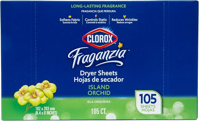Clorox Fraganzia Fabric Softener Dryer Sheets | Scented Laundry Dryer Sheet for Great Smelling Clothes | Island Orchid Scent, 105 Count - 6 Pack