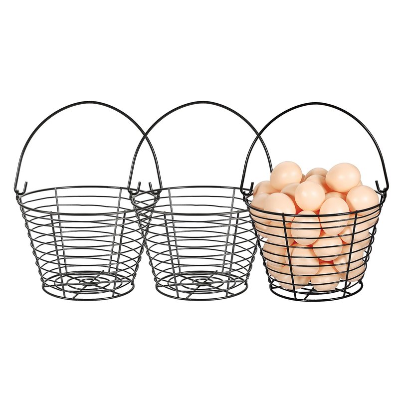 OGANAZI 3 PCS 8" Black Round Wire Egg Baskets With Handle, Small Metal Egg Collecting Basket for Gathering Fresh Eggs, Chicken and Duck Eggs Hunting Basket Egg Holder Countertop