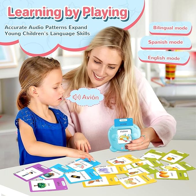 Spanish & English Talking Flash Cards for Toddler, Bilingual Flash Cards Learning Montessori Toys with 224 Sight Words, Speech Therapy Toys for Children Sensory Preschool Education