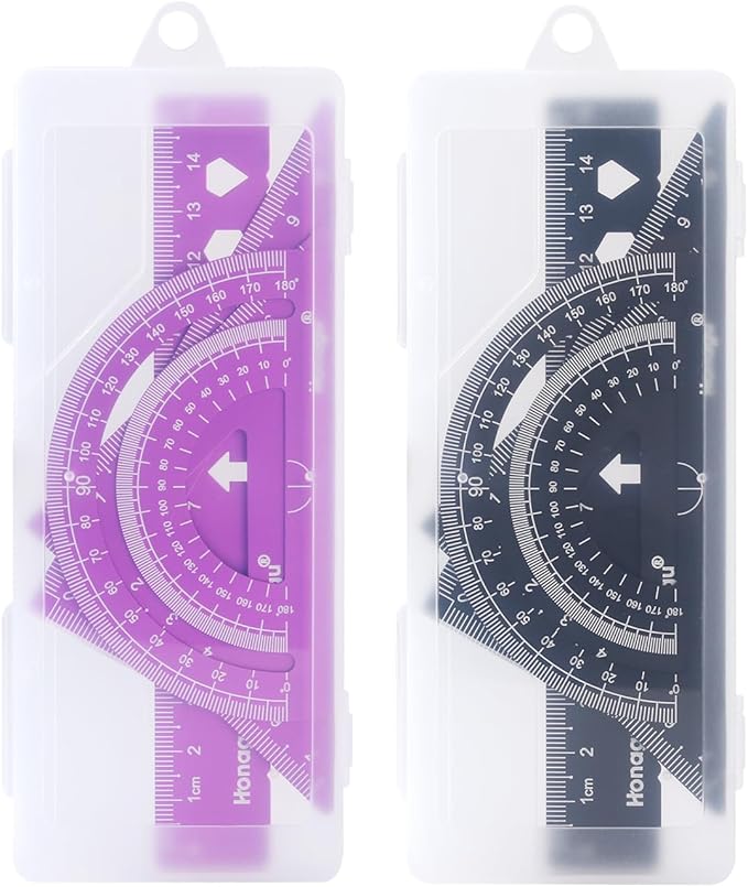 Honagu Triangular Ruler Set, 2 Sets/8 Pieces Aluminum Alloy Ruler, Metal Drafting Ruler, Geometric Protractor for Students, Draftsmen, Engineers, School Office Supplies(15cm/5.9inches, Purple+Black)