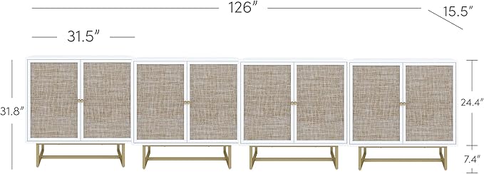 Nathan James Kova Rattan Wood Accent Natural Sideboard Storage Cabinet TV Stand with Matte Metal Frame, Adjustable Shelves and Cane Doors, for Hallway, or Living Room, White/Cane/Brass, Set of 4