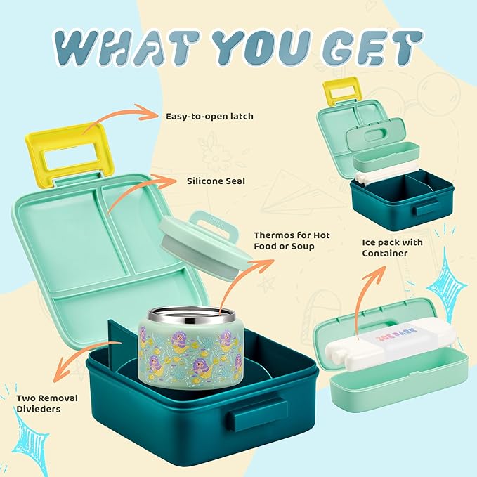 Bento Lunch Box for Kids with 8oz Soup Thermo Leak-Proof Lunch Food Containers with Snack Sauce Container for Kid Girls Boys to School