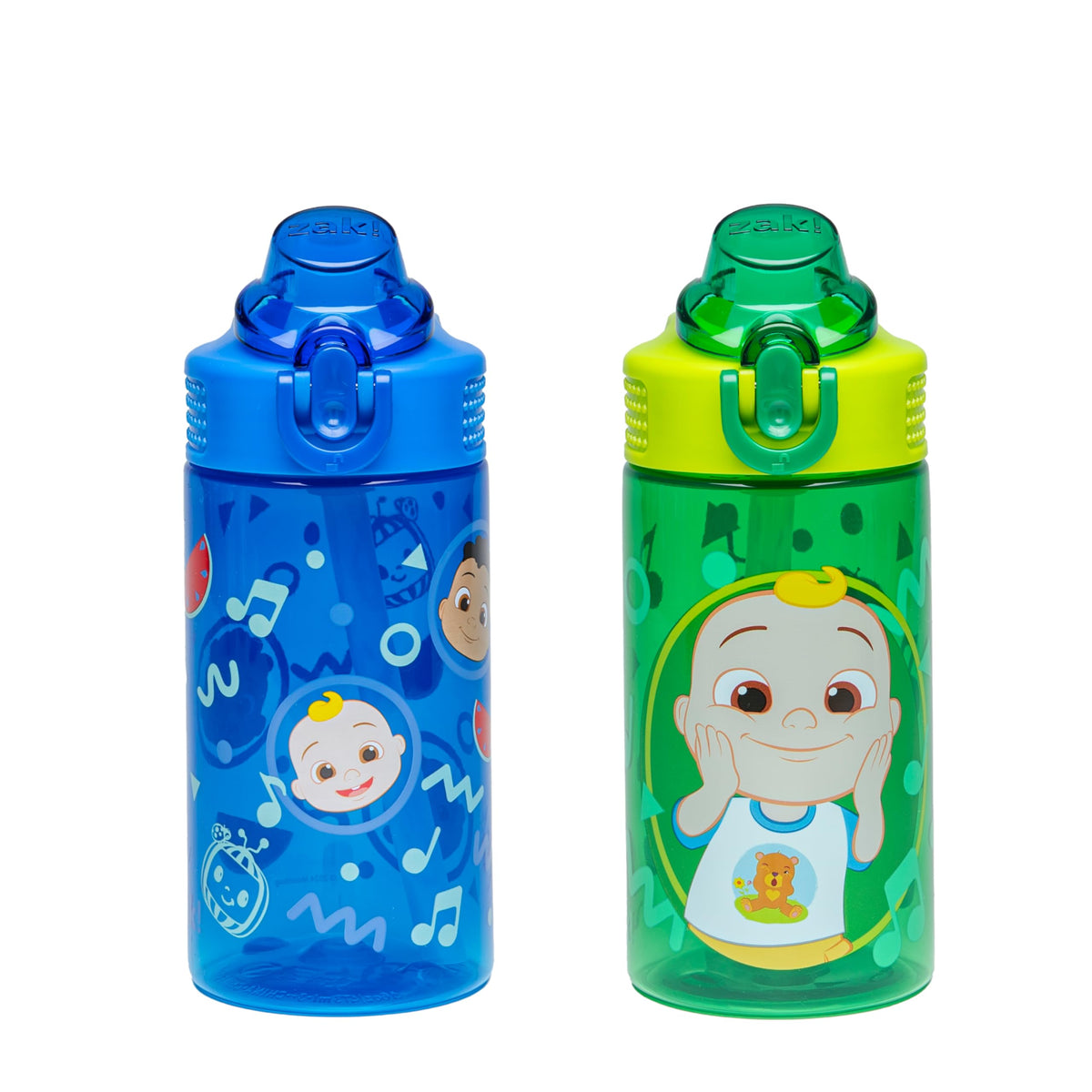 Zak Designs CoComelon Sage Kids Water Bottle For School or Travel, 16oz Durable Plastic Water Bottle With Straw, Handle, and Leak-Proof, Pop-Up Spout Cover, 2-Pack Set (JJ & Cody)