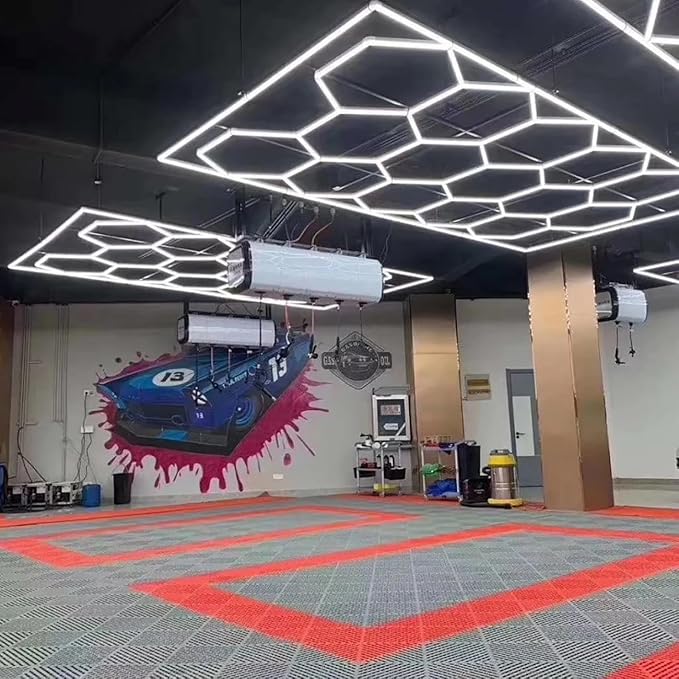 Hexagon Lights: Higher Brightness 900W, 96,200 LM, 6,500K Hexagon Garage Lights with Rectangle Frame, Hexagon LED Lights 14 Grid for Garage, Shopping Mall, Workshop