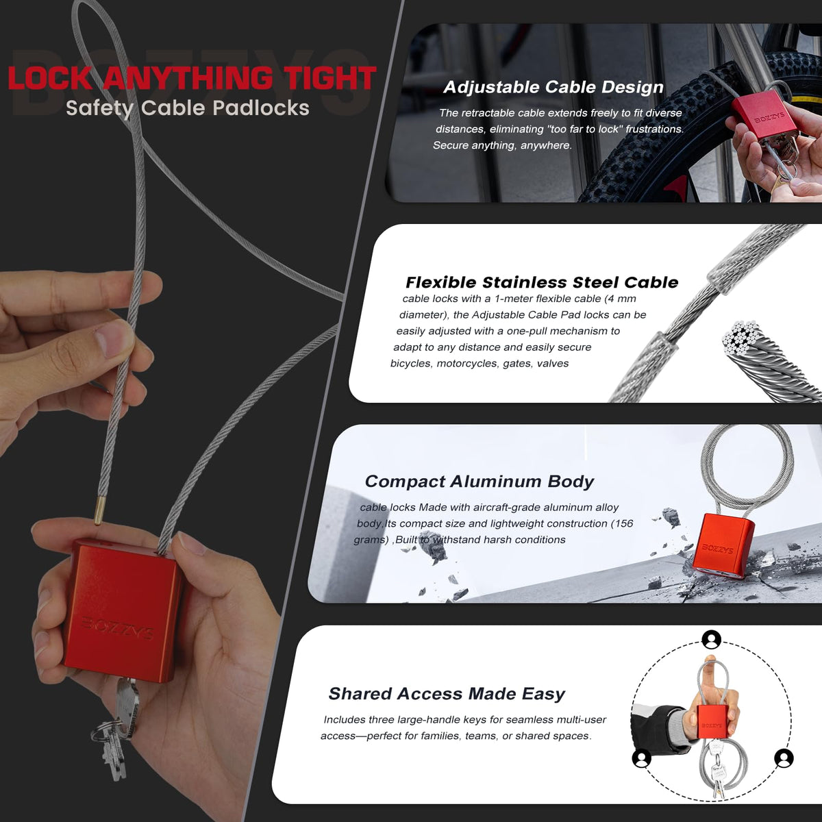 BOZZYS Cable Lock with 3 Keys | L 3.28ft(1m),D 1/6in(4mm) Adjustable Steel Cable Padlock | Aluminum Locks for Bikes, Gate, Lockers & Outdoor Gear | Weatherproof & Red