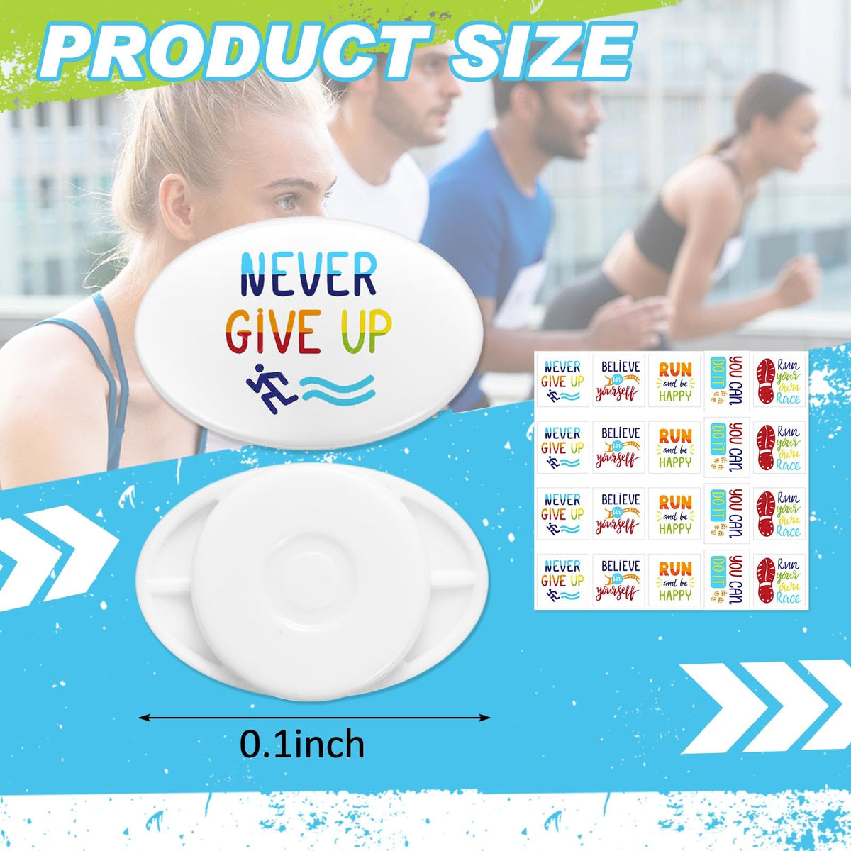 Gilprop 20 Pcs Running Bib Clips with 20 DIY Stickers Bib Snaps for Runners Number Buckle Fixing Safety Lock Race Clips Marathon Number Holder Triathlon Race Bib Holder for Field Event(Inspirational)