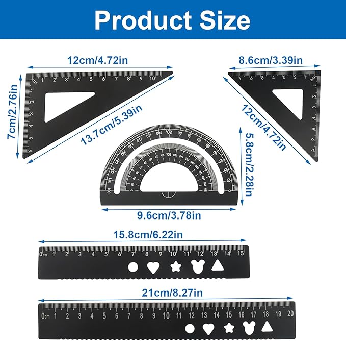 5-Piece Metal Geometry Set, Aluminum Ruler Drafting Kit Protractor & Triangular Rulers Precision for Engineers, Students, Math Measurement Tools(Black)