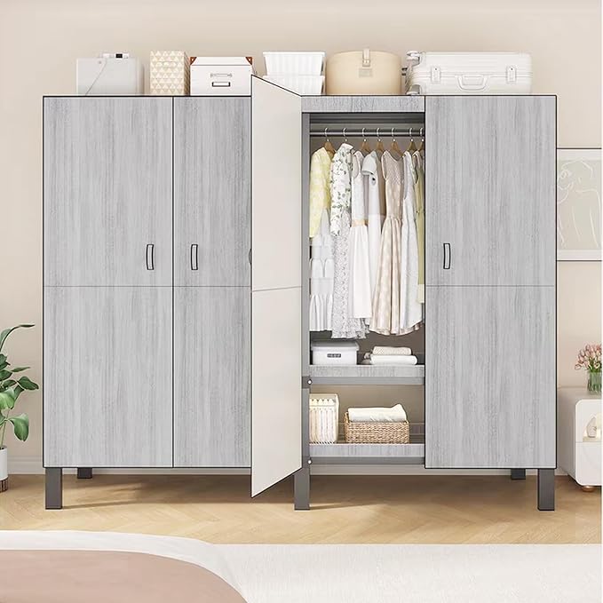 Heavy Duty Covered Clothes Rack with Magnetic Door Foldable Portable Wardrobe Closet for Hanging Clothing Rolling Black Metal Garment Rack on Wheels Closet System (Gray, 70.89in)