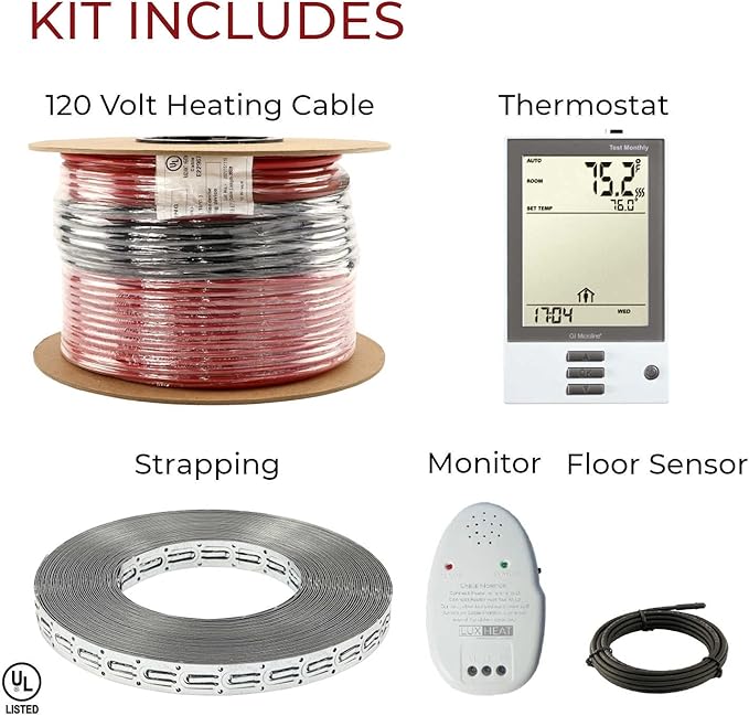 80sqft Floor Heating Cable Kit - 120v Floor Heating System Under Tile - Heated Flooring System - Includes UDG Programmable Thermostat w/GFCI, Heater Cable, Strapping, Sensor & Alarm