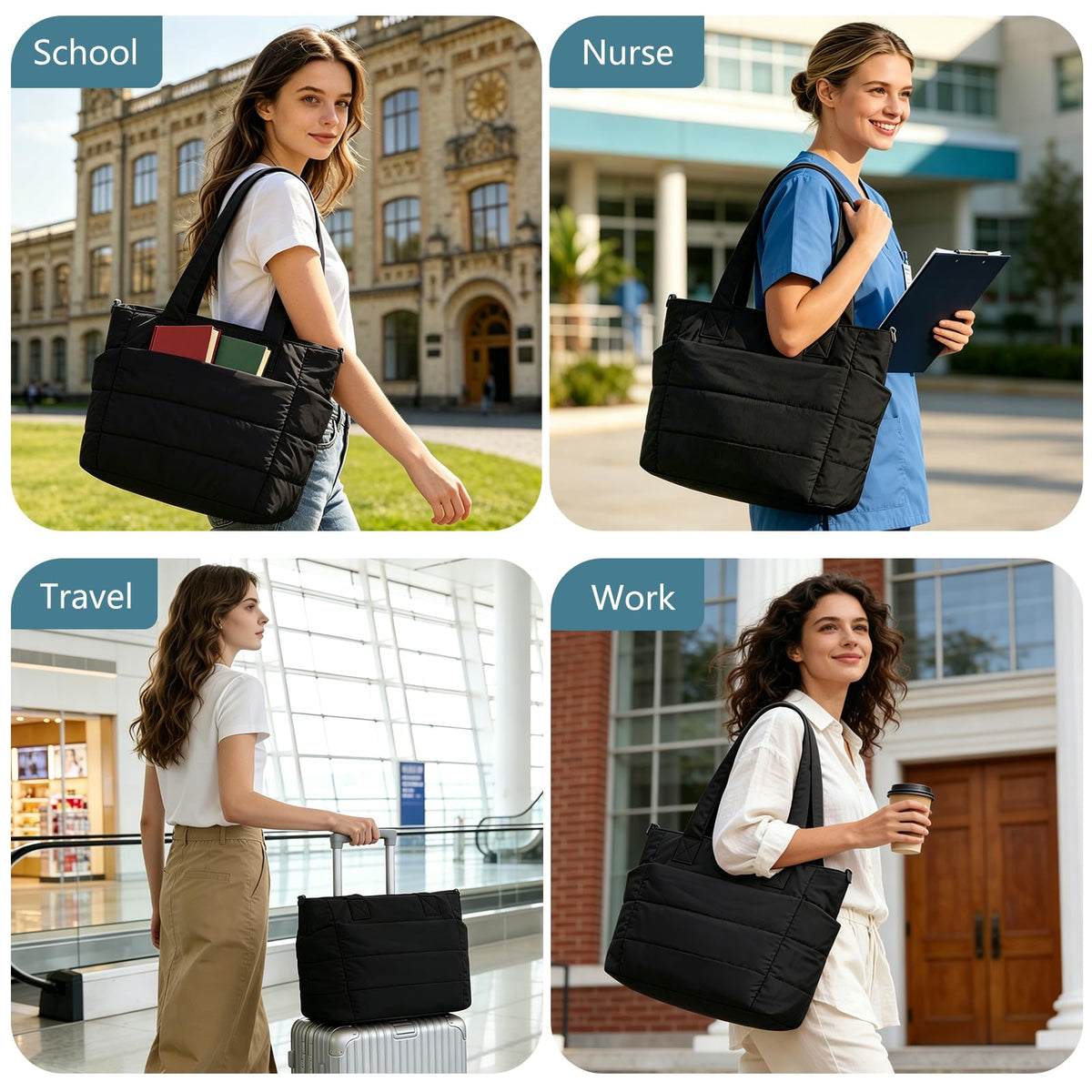 Puffer Tote Bag for Women Quilted Nurse Bag Lightweight Work Bag for Teacher Travel Handbag with Multiple Pockets