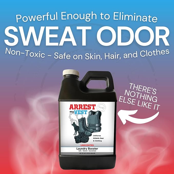 Arrest My Vest Military Grade Laundry Booster Deodorizer For Strong Odor to Get The Sweat Smell Out of Clothes, Uniforms, Police Gear, and All Fabrics - Unscented - 1 64oz Bottle Laundry Supplies