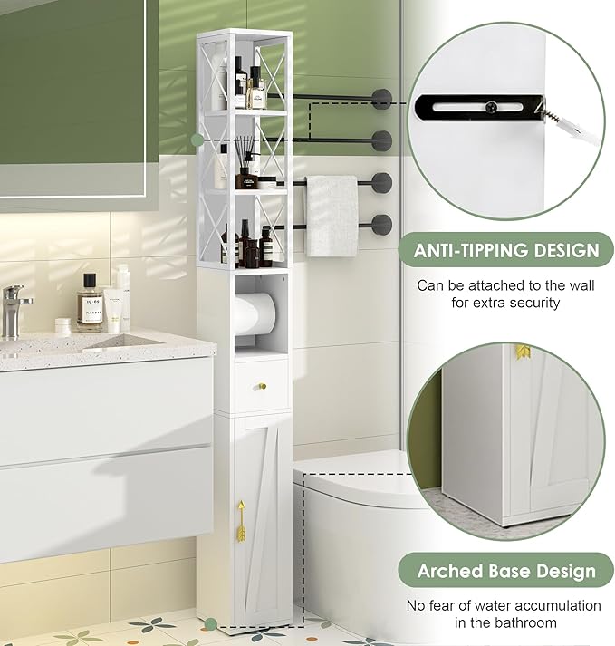 VECELO Narrow Bathroom Storage Cabinet with X-Frame Metal Design, 67" Tall Freestanding Cabinet with Toilet Paper Holder, Slim Tower Cabinet with Magnetic Door & Drawer, for Small Spaces, White