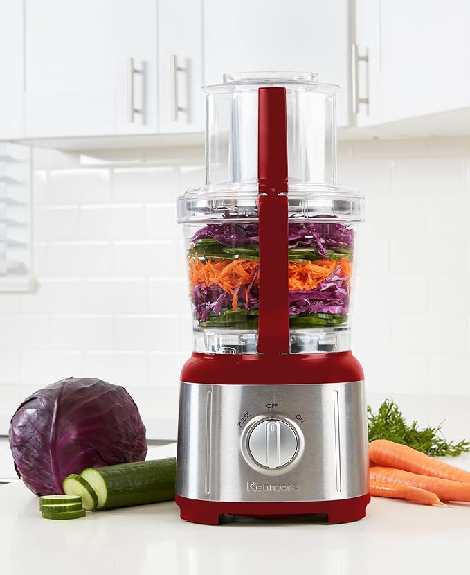 Kenmore 11-Cup Food Processor - Vegetable Procesador de Alimentos, Blender, Onion Chopper And Garlic Mincer, Kitchen Appliance High Powered Electric Licuadora, 500W Red, Stainless Steel Red