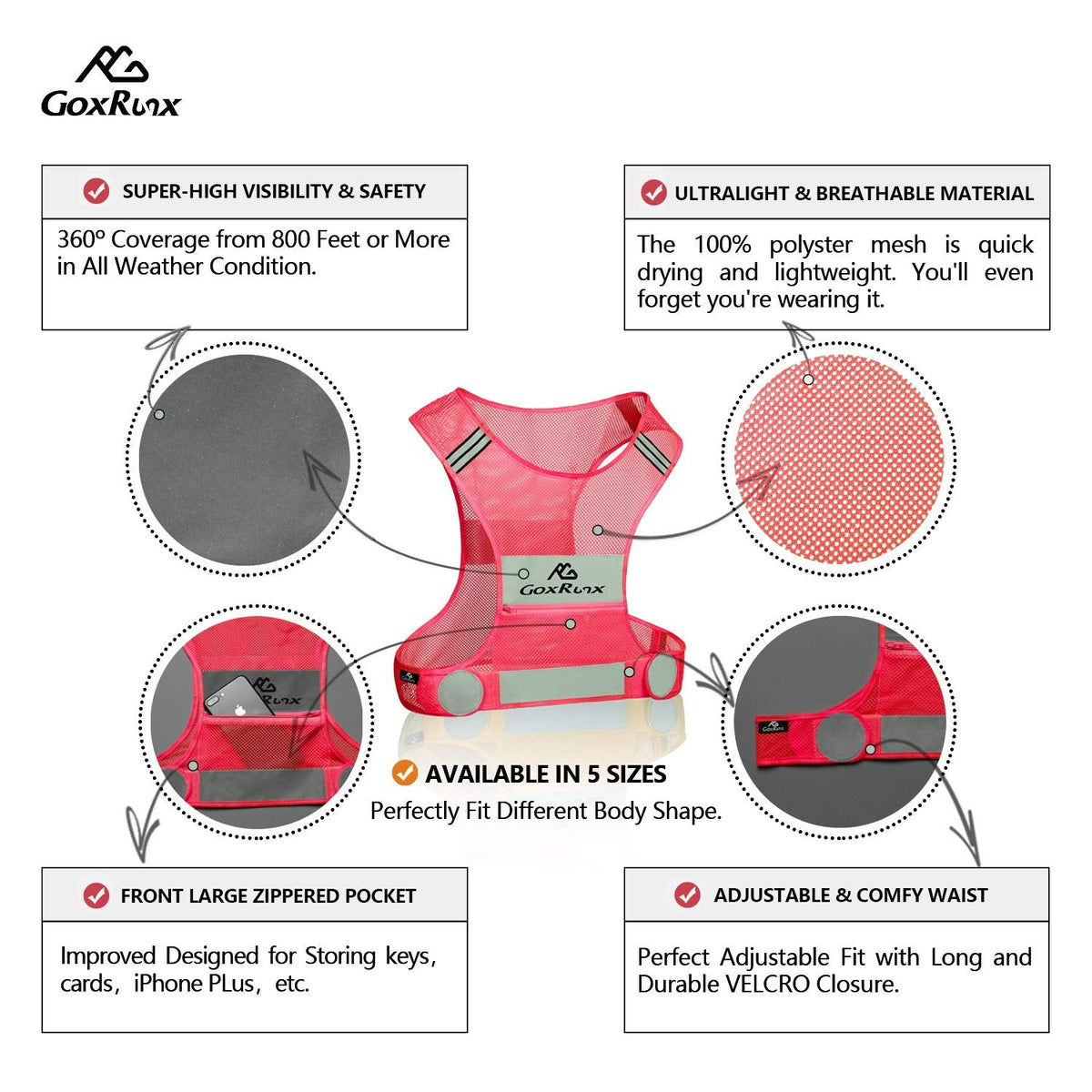 Reflective Vest Running Gear, Lightweight Motorcycle Cycling Reflective Vests with Large Pocket & Adjustable Waist for Women Men Running Safety Vest with Reflective Bands (Pink, Large)