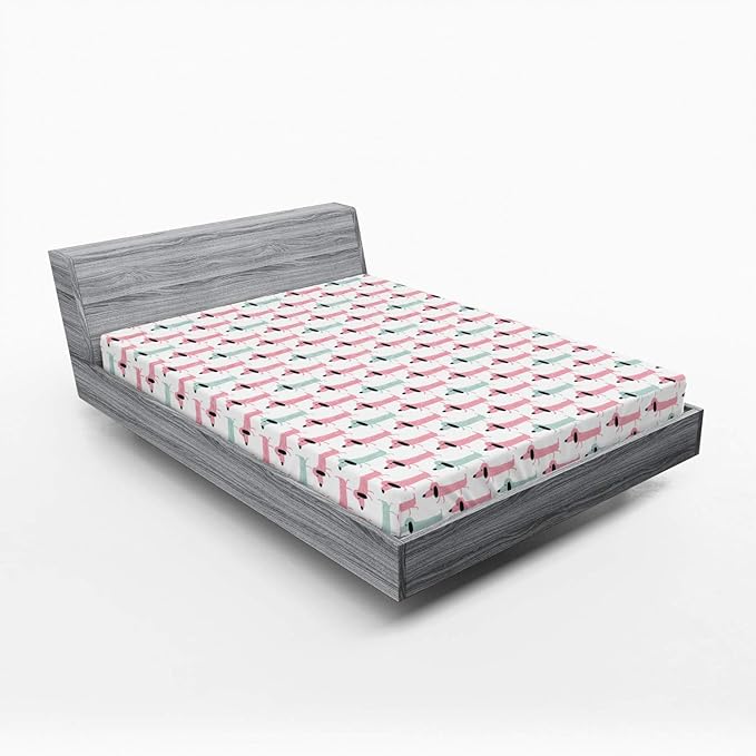 Ambesonne Dachshund 2 Pack Fitted Sheet, Funny Sausage Dogs, Bed Cover All-Round Elastic Deep Pockets 2 Pieces, Package Contains 2 Queen Size Fitted Sheets, Seafoam Pink