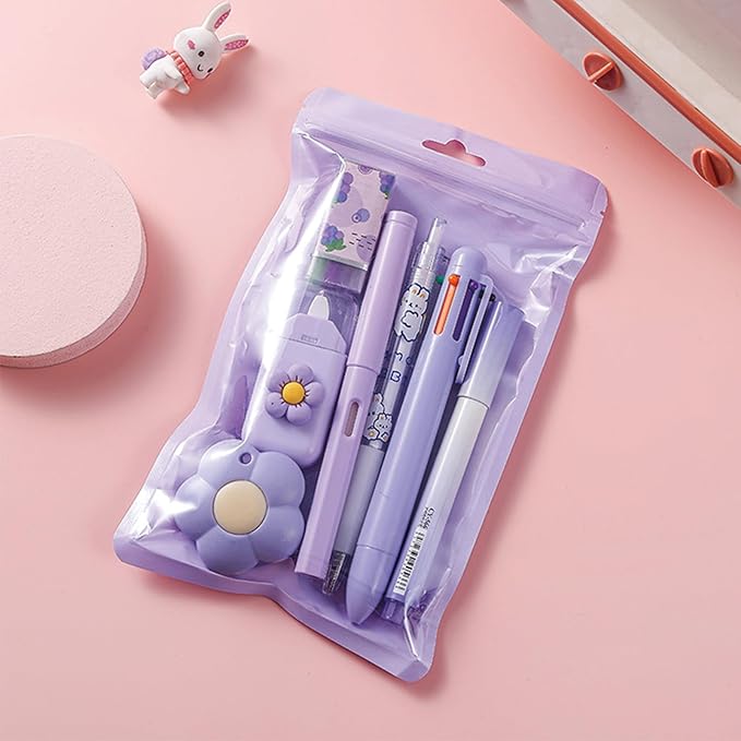 7 Pcs Cute Purple Stationery Set Kawaii School Supplies Office Supplies Including Ballpoint Pens Pencil Sharpener Highlighter Correction Tape Ruler Utility Knife (Purple)